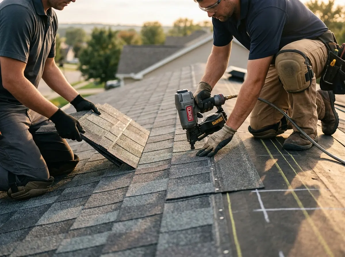 Professional roofer working on a residential roof in Neenah